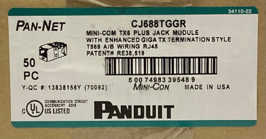 BOX OF 50 PANDUIT CJ688TGGR PAN-NET MINI COM TX6 PLUS JACK MODULE Enhanced GIGA