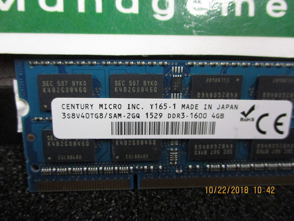 3S8V4DTG8/SAM-2GQ CENTURY MICRO DDR3 4.0Gb SODIMM PC-12800, 1600MHz BRAND NEW!