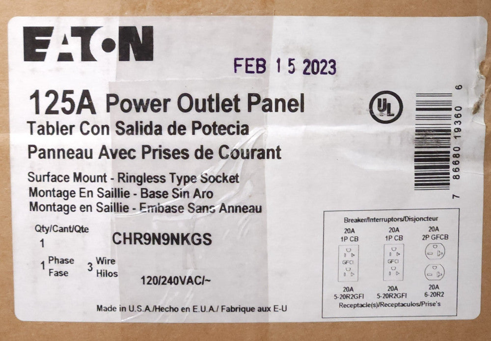 EATON CHR9N9NKGS 120 240 VAC 125 AMP Power Outlet Panel Nema 3R 2 Pole 20 AMP