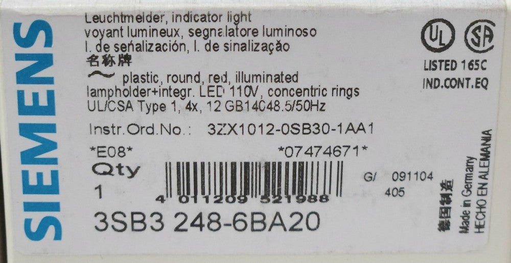 SIEMENS 3SB3 248 6BA20 RED LED Illuminated Indicator Light 110 120 VAC