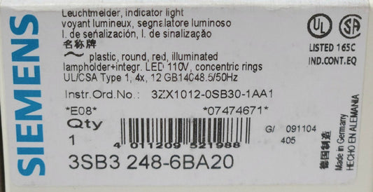 SIEMENS 3SB3 248 6BA20 RED LED Illuminated Indicator Light 110 120 VAC