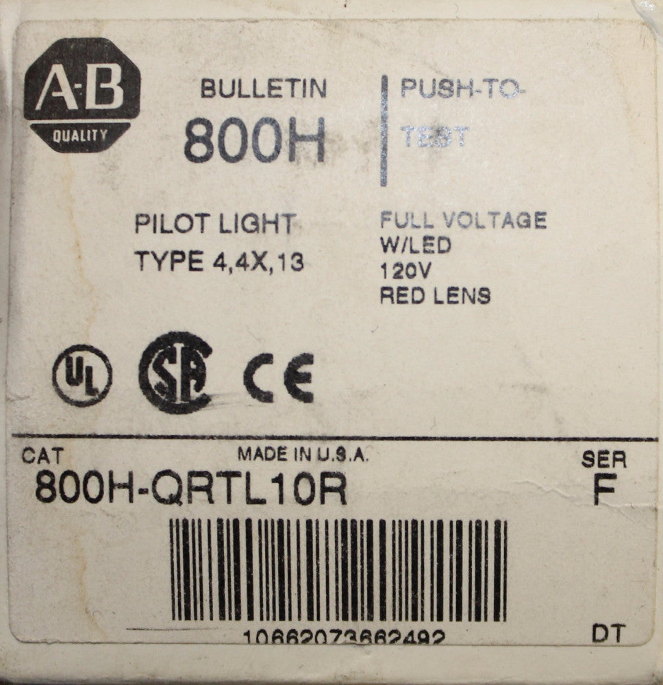 ALLEN BRADLEY  800H QRTL10R Red Lens Push to Test Pilot Light 120V 800H- QRTL10R