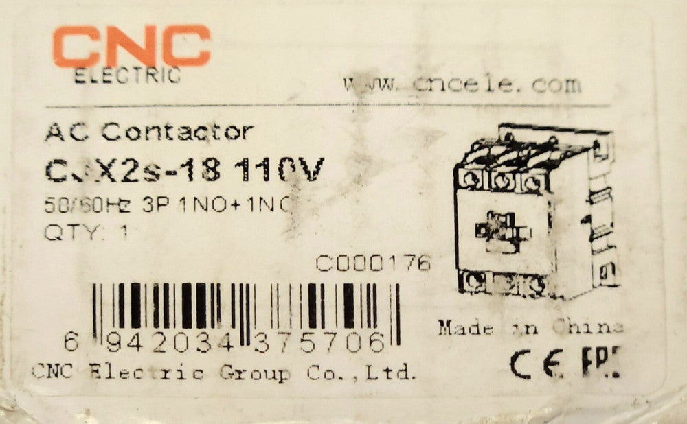 CNC ELECTRIC CJX2S 18 110V 3 Pole 1 NO 1 NC 120 VAC Contactor