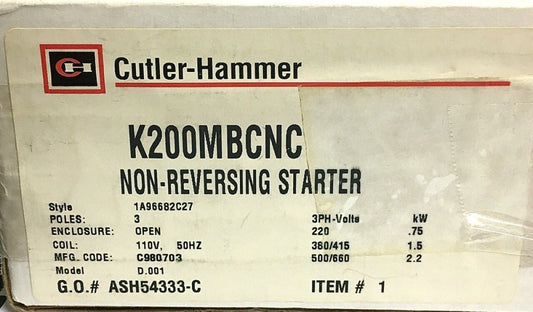 EATON CUTLER HAMMER K200MBCNC 3 Pole 110V K200 IEC Advantage Starter 1A96682C27
