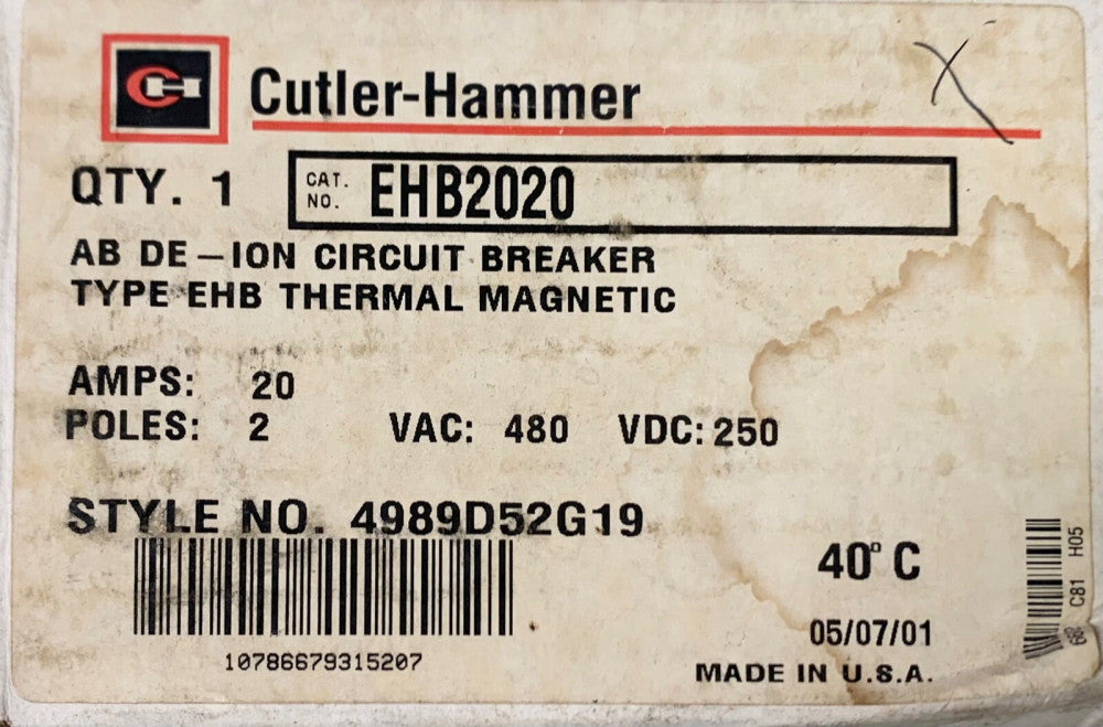 CUTLER HAMMER WESTINGHOUSE EHB2020 2 Pole 20 AMP Type EHB Circuit Breaker 