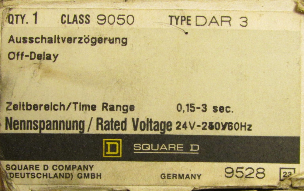 SQUARE D Off Delay 0.15-3 Second Timing Relay 9050 DAR 3