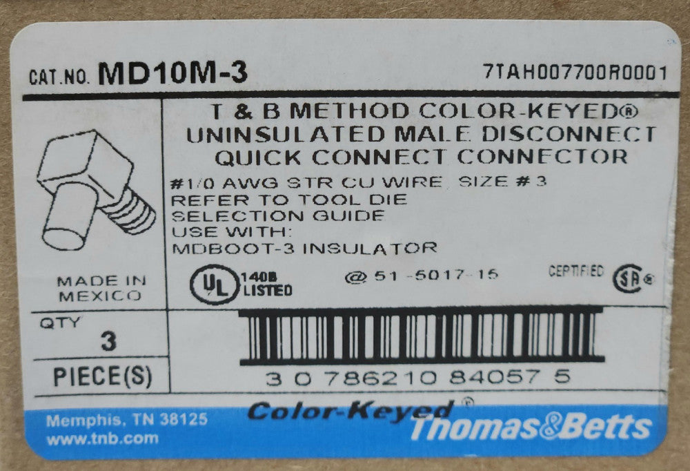 BOX OF 3 THOMAS & BETTS T&B MD10M-3 BLACKBURN CU COPPER CRIMP ON MOTOR CONNECT