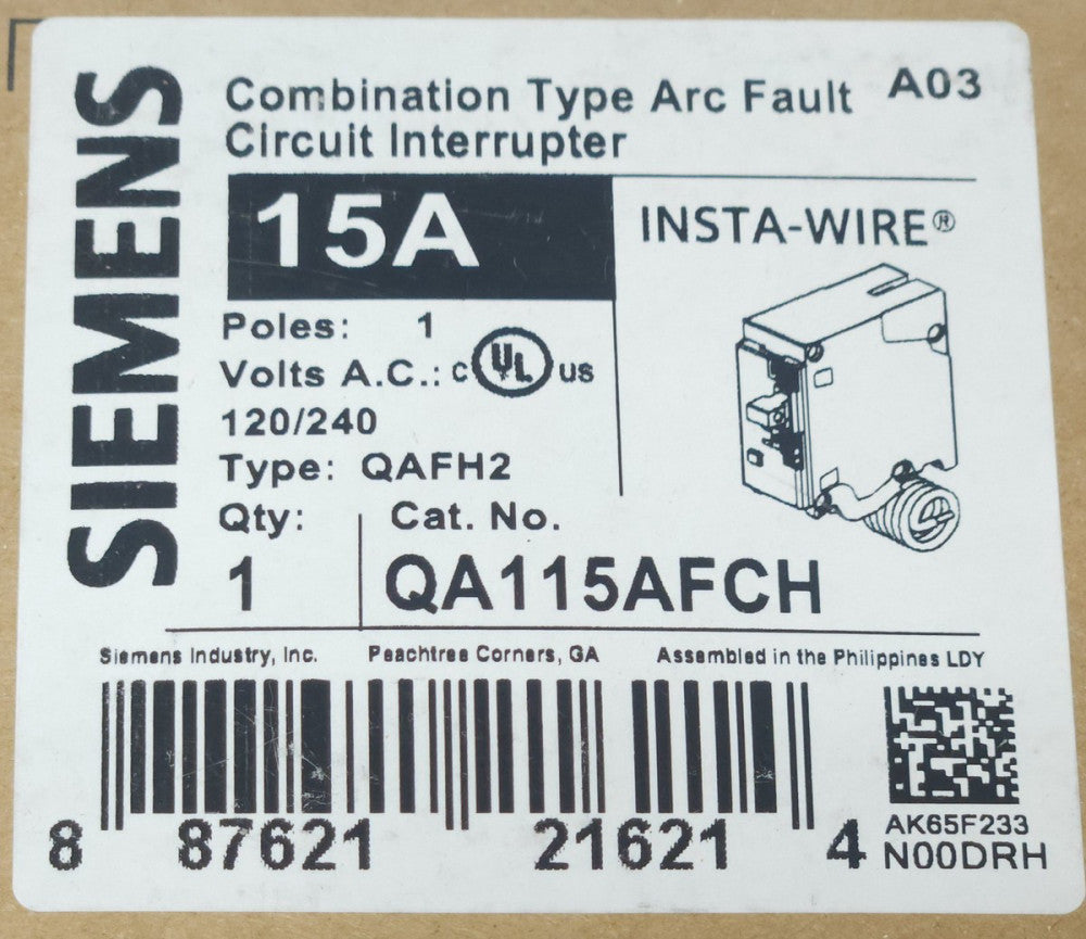 SIEMENS QA115AFCH Single Pole 15 AMP Type QAFH2 Combination ARC Fault Circuit
