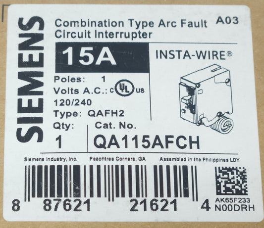 SIEMENS QA115AFCH Single Pole 15 AMP Type QAFH2 Combination ARC Fault Circuit