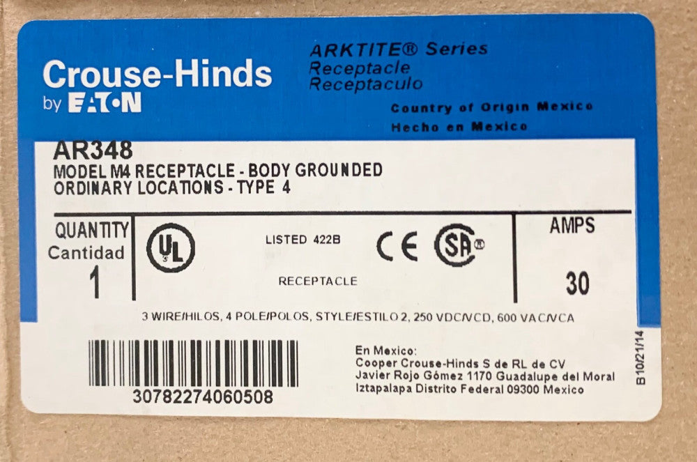 EATON CROUSE HINDS AR348 ARKTITE 30 AMP M4 Receptacle 4 Pole 3 Wire 250 VDC 600