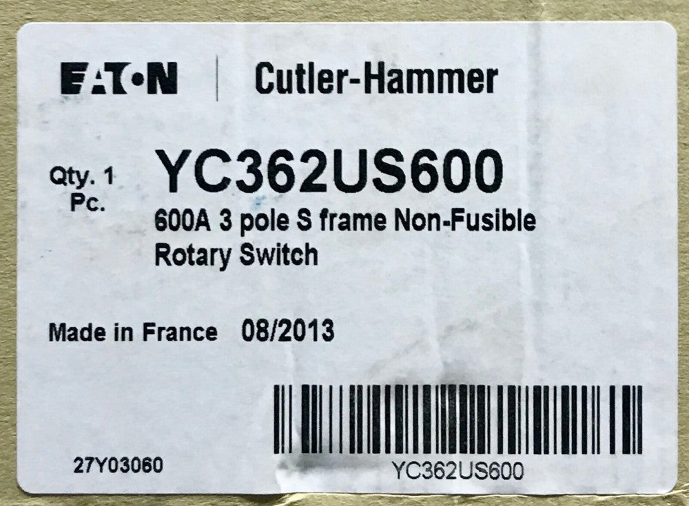EATON CUTLER HAMMER YC362US600 3 Pole 600 AMP S Frame Rotary Switch Non Fusible