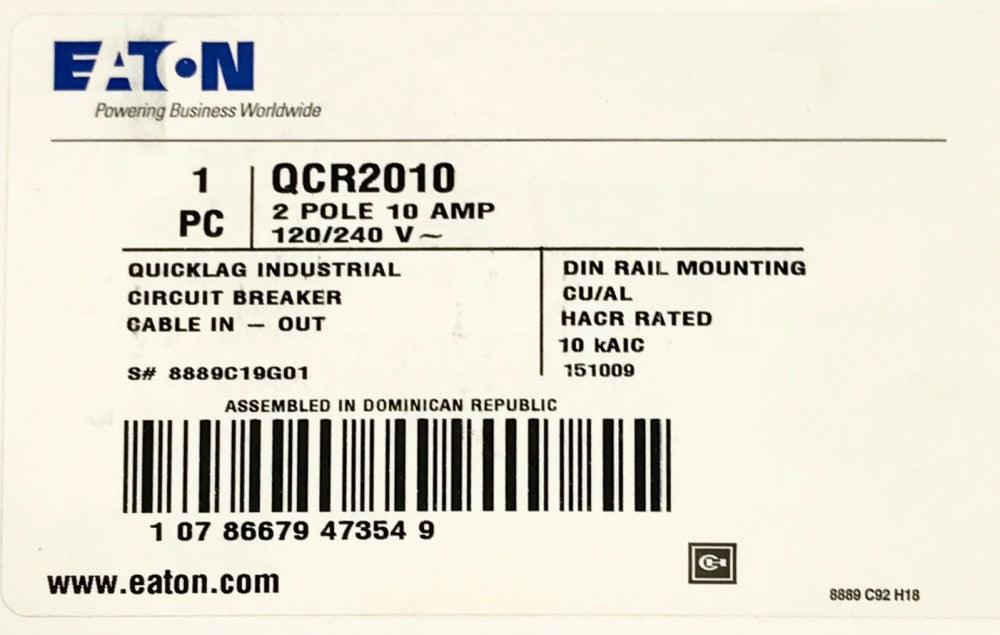 EATON OCR2010 2 Pole Type QC Quick Lag Circuit Breaker Din Rail HACR 10 kAIC