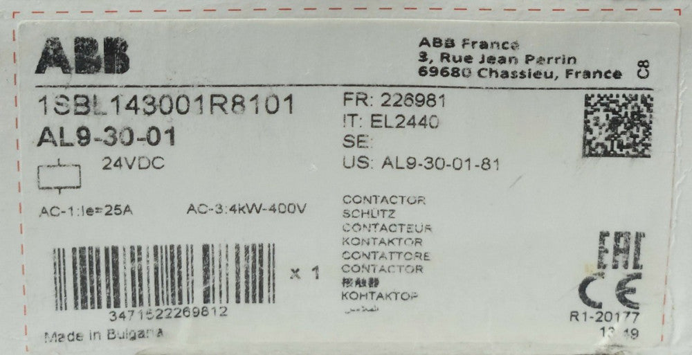 ABB AL9 30 01 3 Pole 24 VDC Contactor 1 NO Pole AC-3 4KW-400V 1SBL143001R8101
