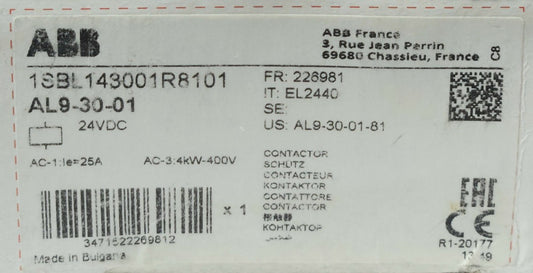ABB AL9 30 01 3 Pole 24 VDC Contactor 1 NO Pole AC-3 4KW-400V 1SBL143001R8101