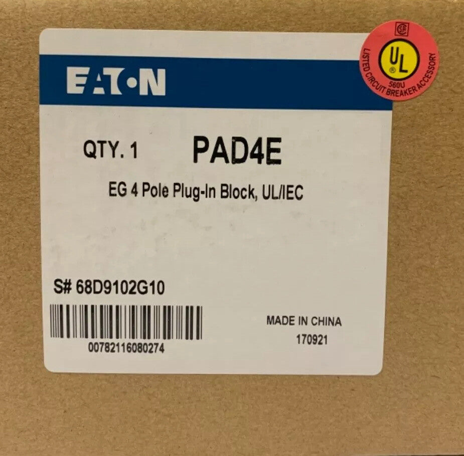 EATON PAD4E Type EG Circuit Breaker 4 Pole Plug In Block UL/IEC 68D9102G10