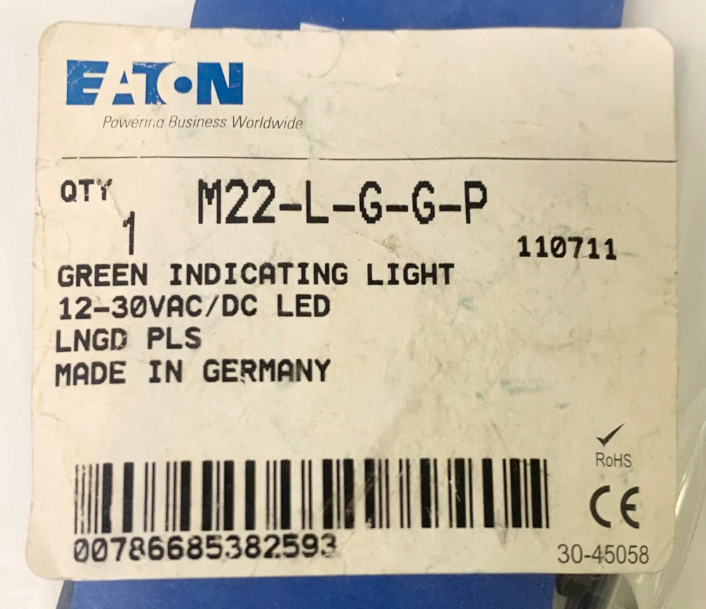 EATON MOELLER M22 L G G P Green Indicating Pilot Light 12-30 VAC VDC LED ON Run 