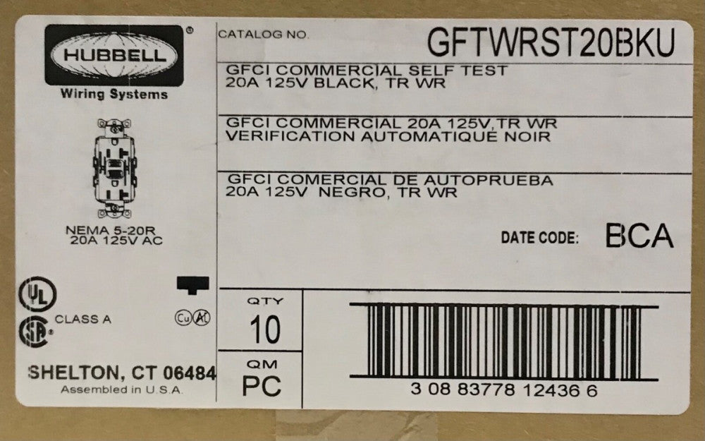 BOX OF 10 HUBBELL GFTWRST20BKU 20 AMP Commercial Grade GFCI Receptacle BLACK