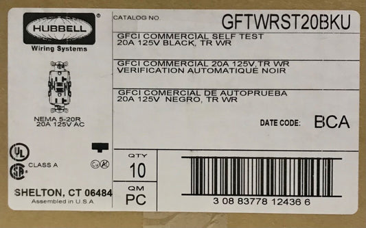 BOX OF 10 HUBBELL GFTWRST20BKU 20 AMP Commercial Grade GFCI Receptacle BLACK