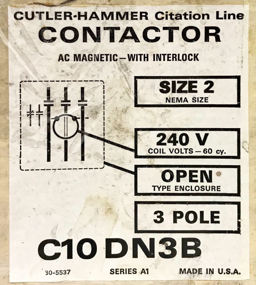 EATON CUTLER HAMMER C10DN3B 3 Pole 240 VAC C10DN3 Size 2 Contactor Citation