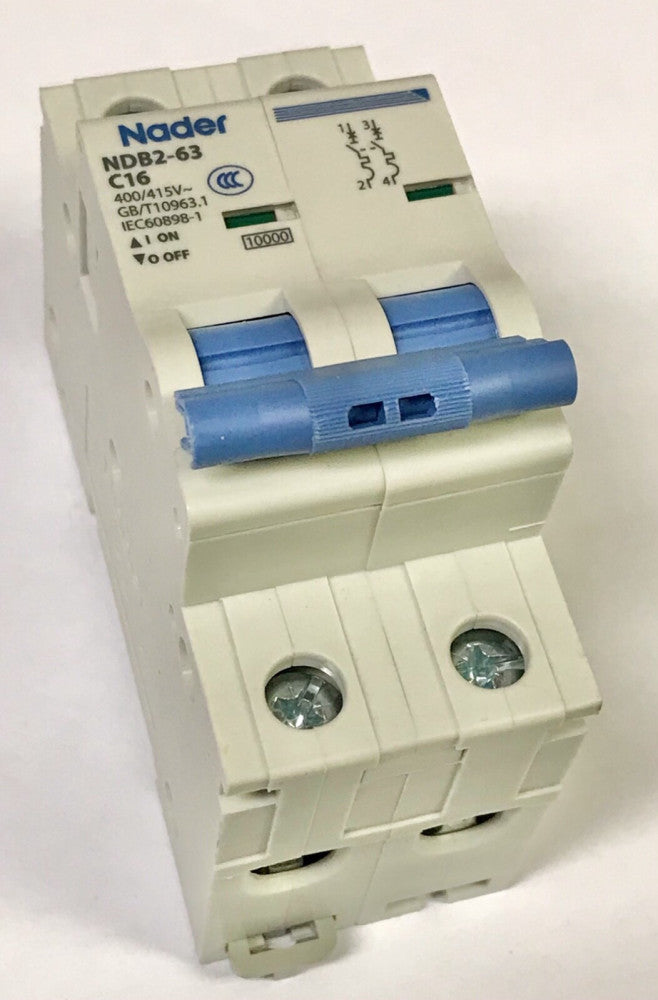 NADER NDB2-63 C16 2 Pole 16 AMP 415 VAC Circuit Breaker NCB2 63C16