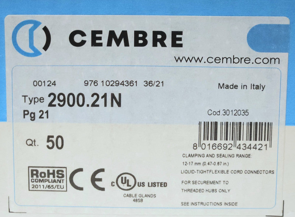 BOX OF 50 CEMBRE Type 2900.21N PRESSCAVI MAXIBRASS CABLE GLAND IP68 Pg 21 2900PG