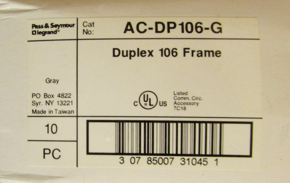 Box of 10 PASS & SEYMOUR LEGRAND AC DP106 G Duplex 106 Frame Keystone Faceplate
