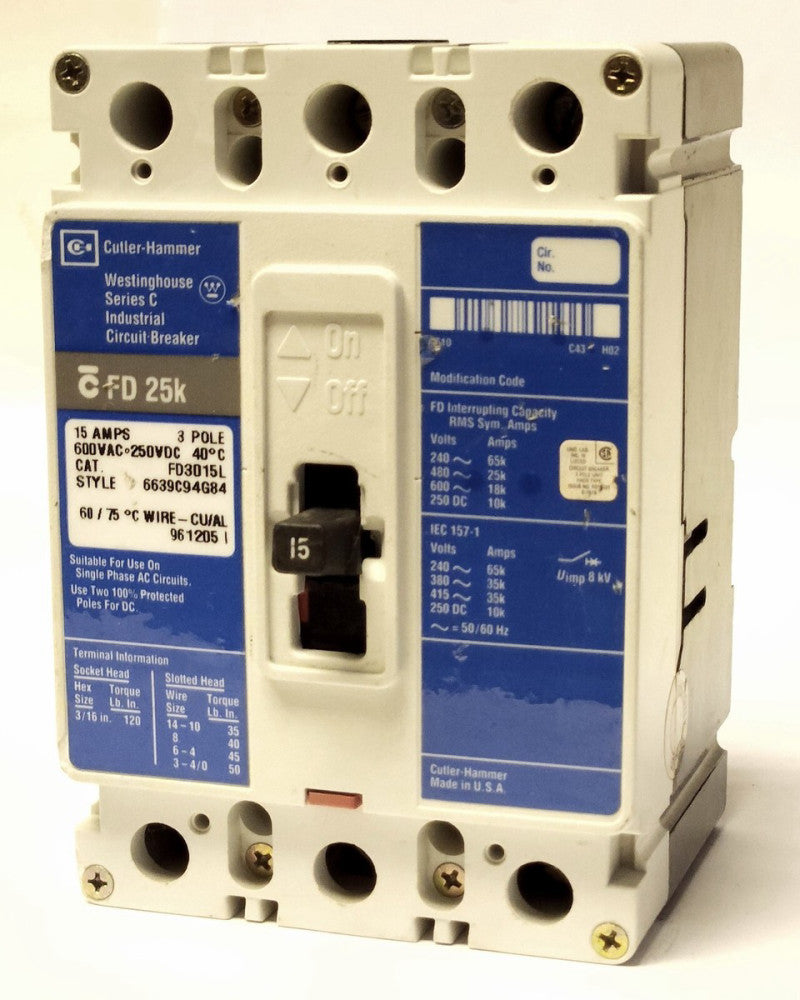 CUTLER HAMMER WESTINGHOUSE FD3015 3 Pole 15 AMP Type FD Line Load Lugs