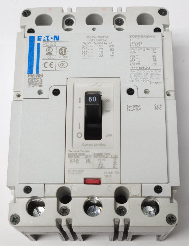 EATON PDG23M0060TFFL 3 Pole 60 AMP Type PDG2 Power Defense Circuit Breaker