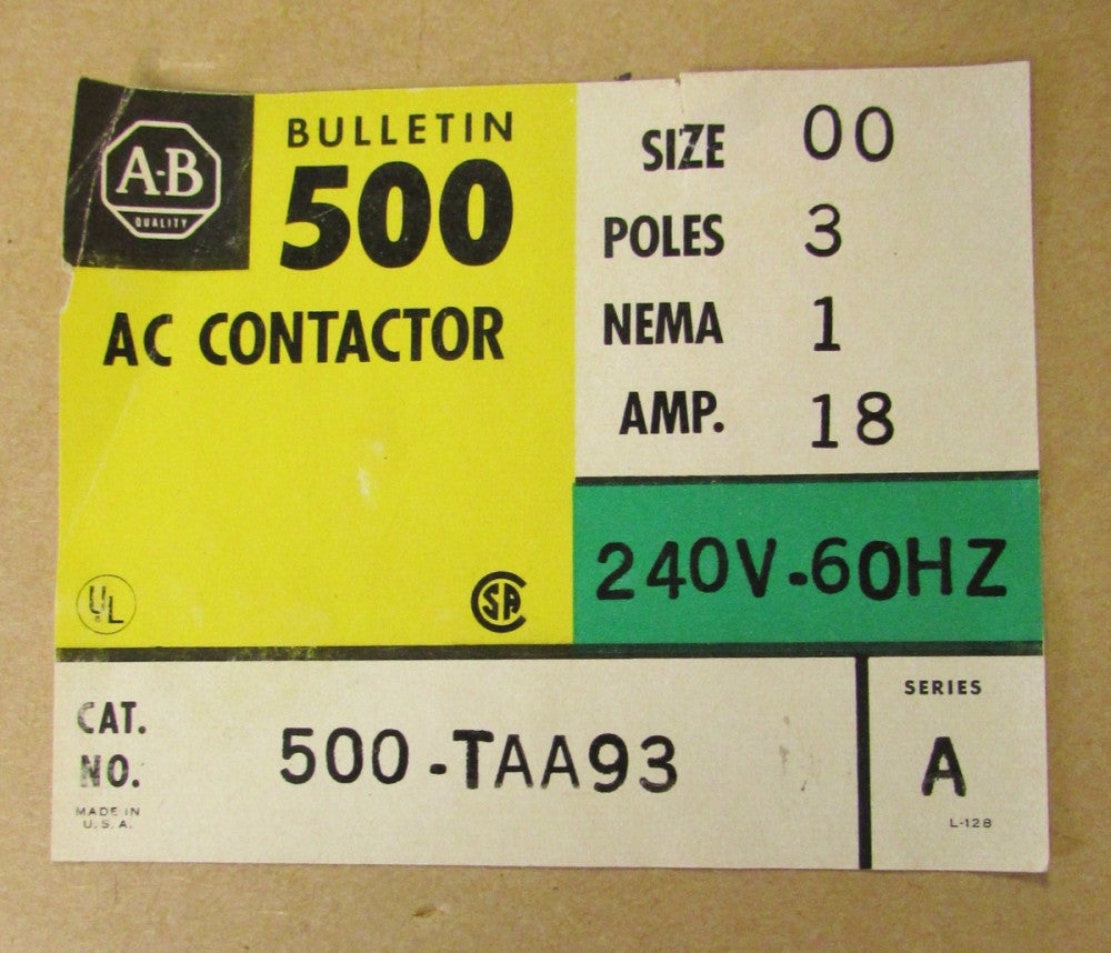 ALLEN BRADLEY Size 00 AC Contactor Nema 1 Enclosure 240V 500 TAA93