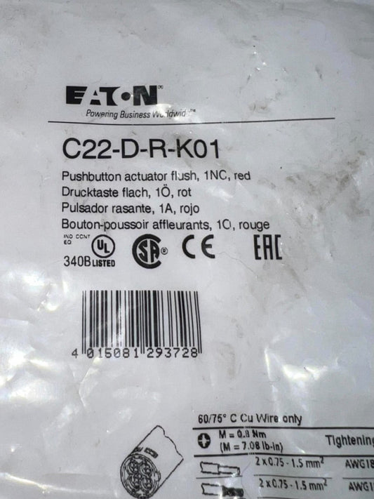 EATON C22 D R K01 Pushbutton Actuator Flush 1 NC RED C22-D-R-K01