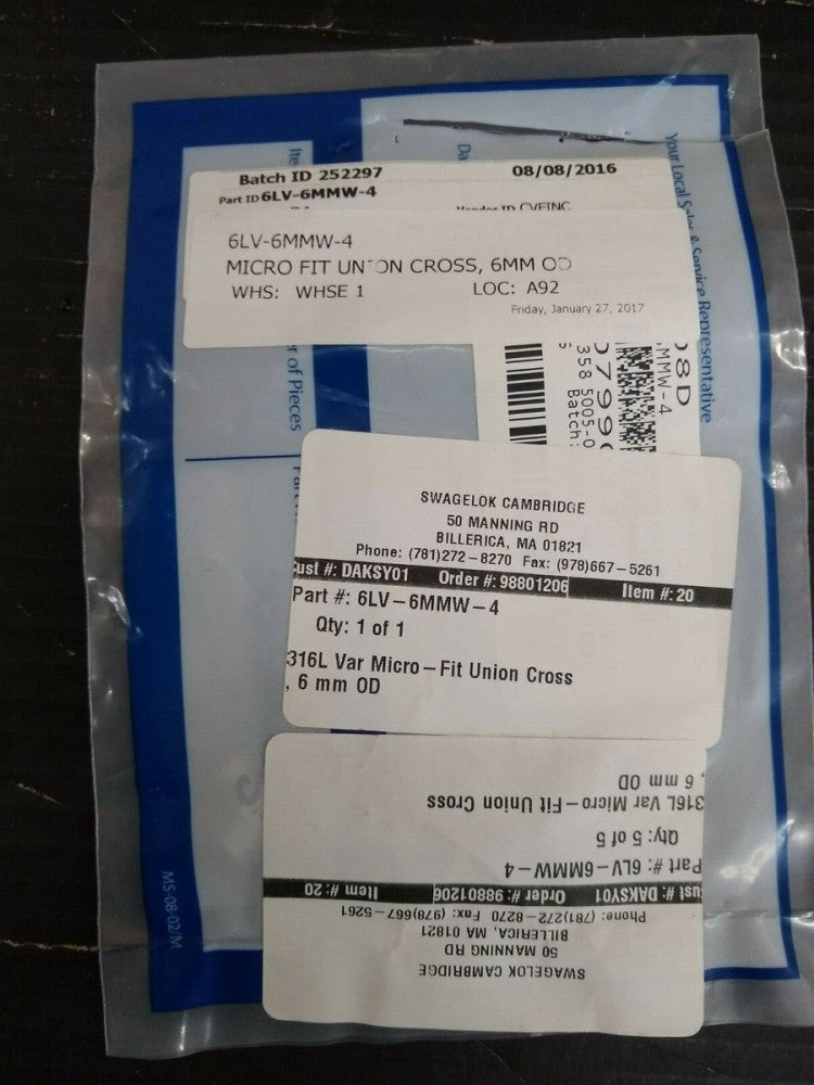 New, Swagelok, 6LV-6MMW-4, Micro Fit Union Cross, 6MM OD