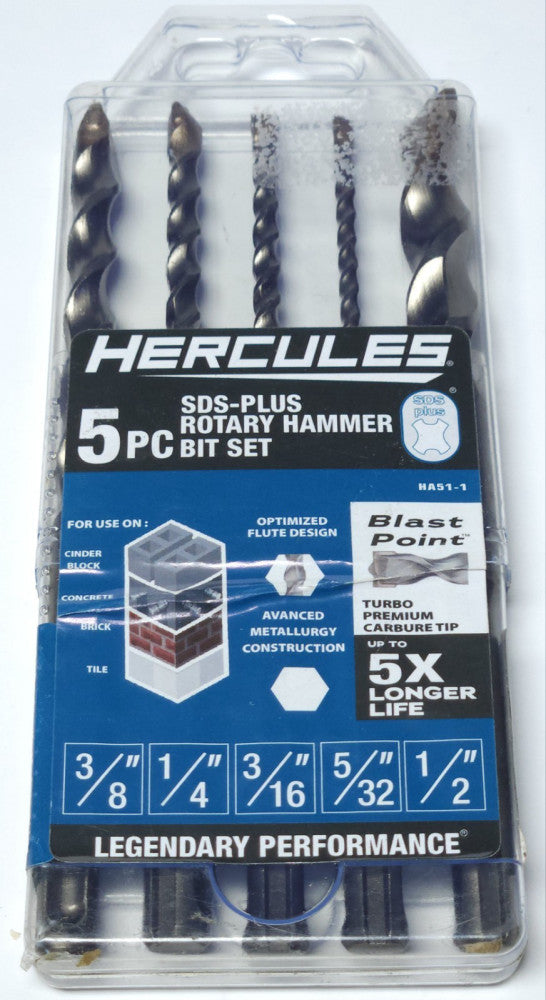 HERCULES HA51-1 5PC SDS Plug Rotary Hammer Bit Set Blast Point Carbide Tip