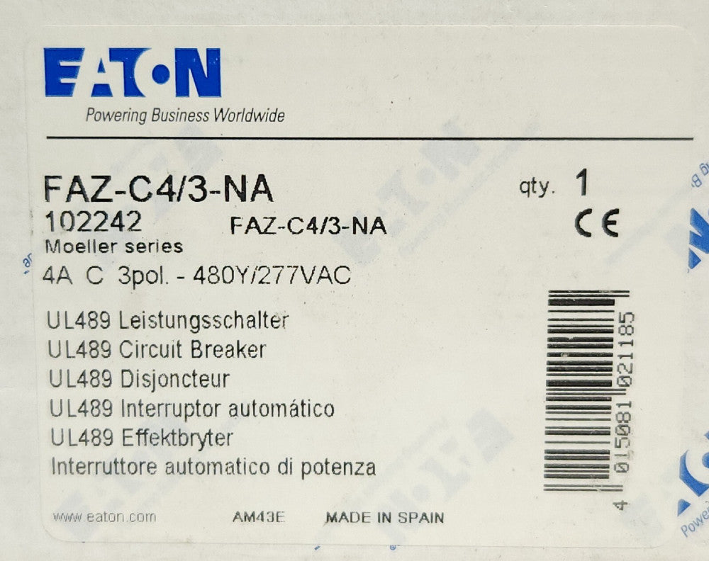 EATON MOELLER FAZ-C4/3-NA 3 Pole 4 AMP 277/480 VAC Miniature Circuit Breaker