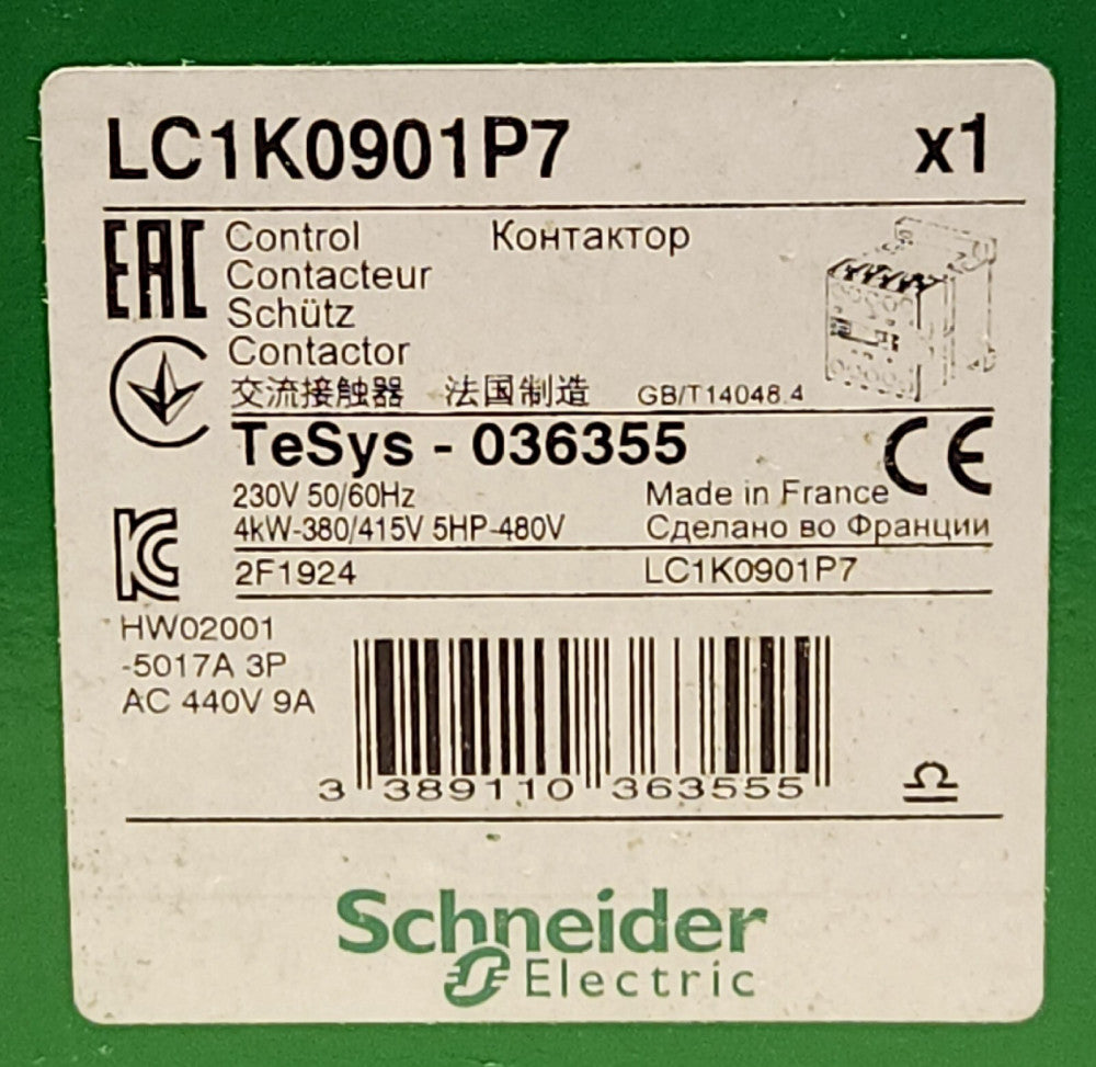 SCHNEIDER ELECTRIC LC1K0901P7 3 Pole 230 VAC 4 KW Contactor 1 NC Contact Tesys