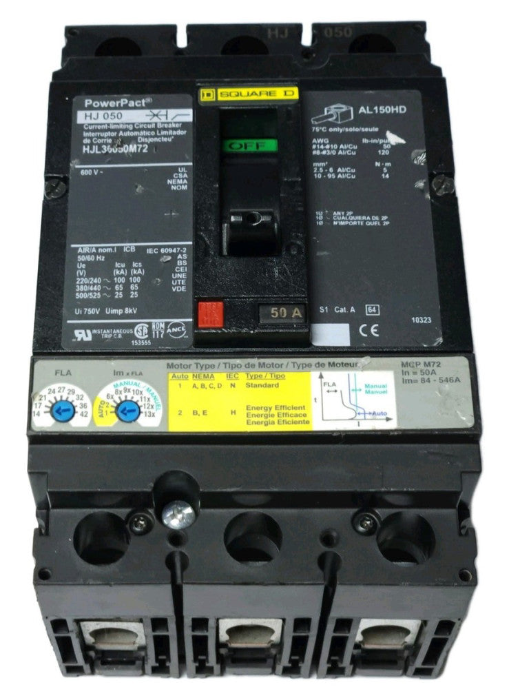 SQUARE D HJL36050M72 3 Pole 50 AMP Type HJ 050 PowerPact Circuit Breaker