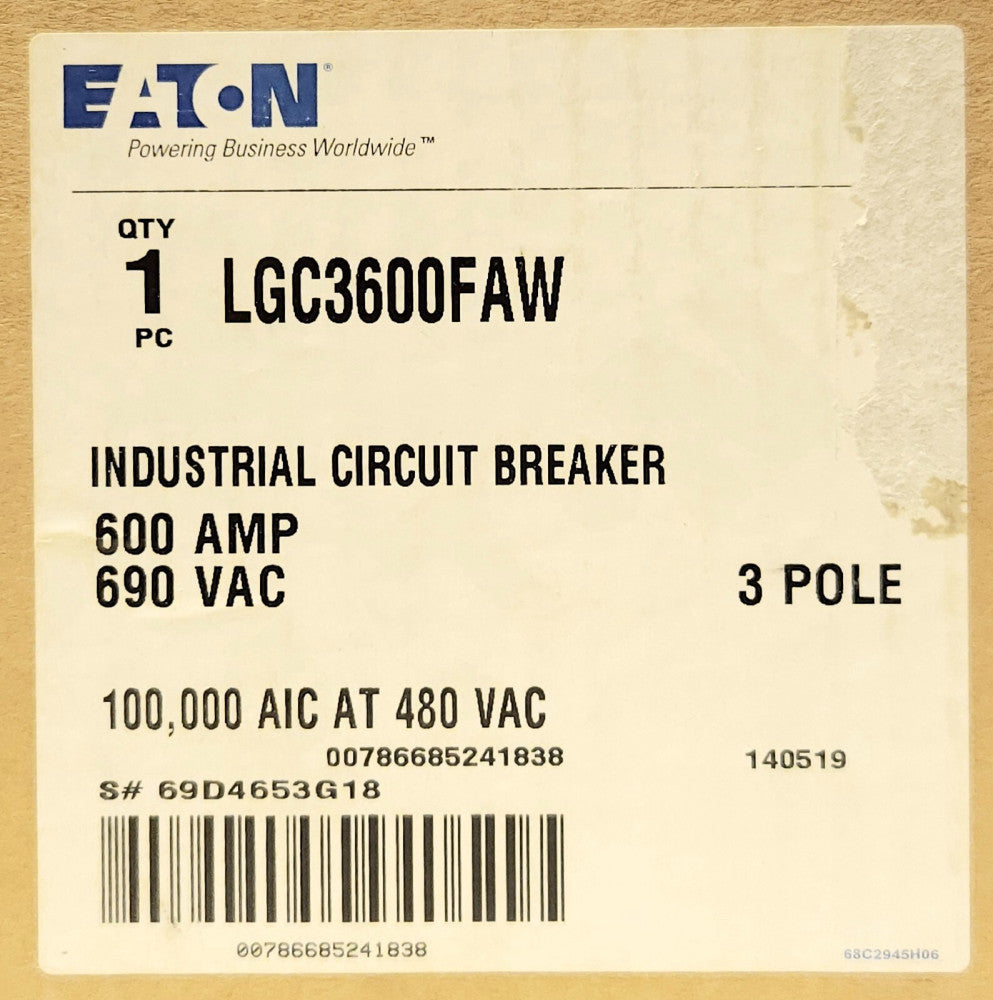 EATON LGC3600FAW 3 Pole 600 AMP Type L630C Current Limiting Circuit Breaker
