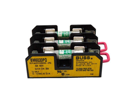 BUSS Fuse Holder BM6033PQ 30A AMP 600V 3 Pole w/ Fuses 2/ FNM-2 & 1/ FNM-3