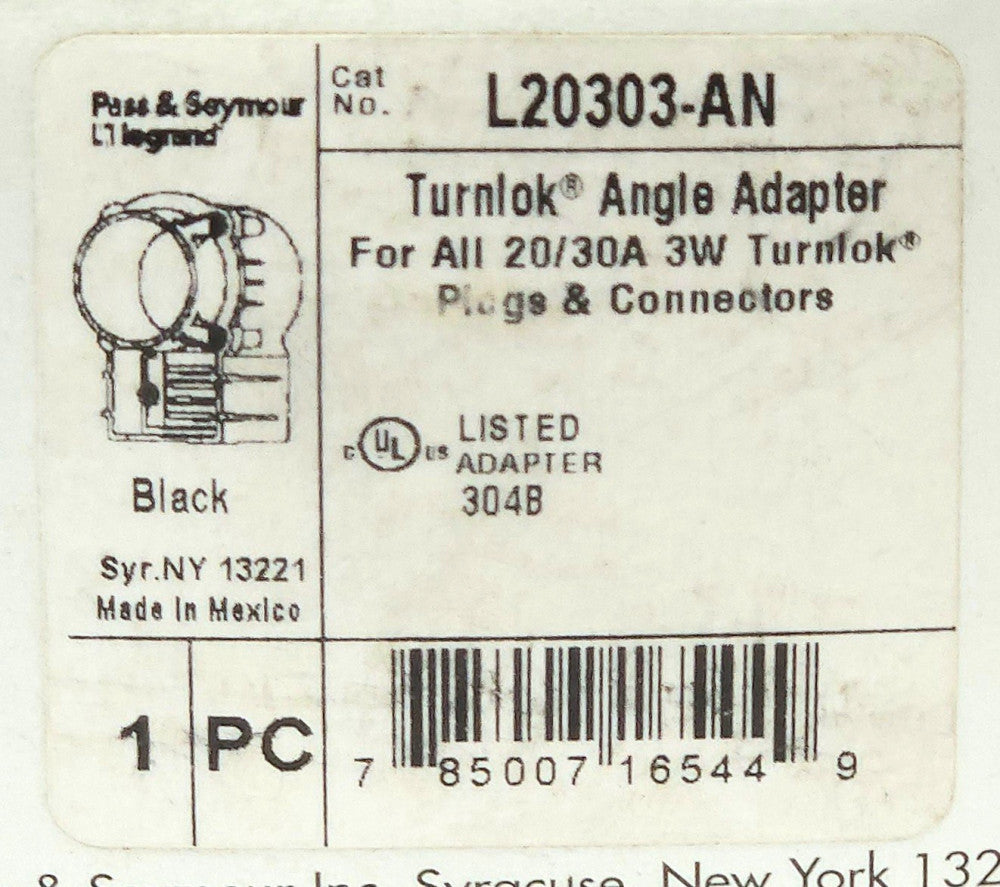 PASS & SEYMOUR L20303-AN Angle Adapter for 20/30A 3W Turnlok Plugs & Connectors