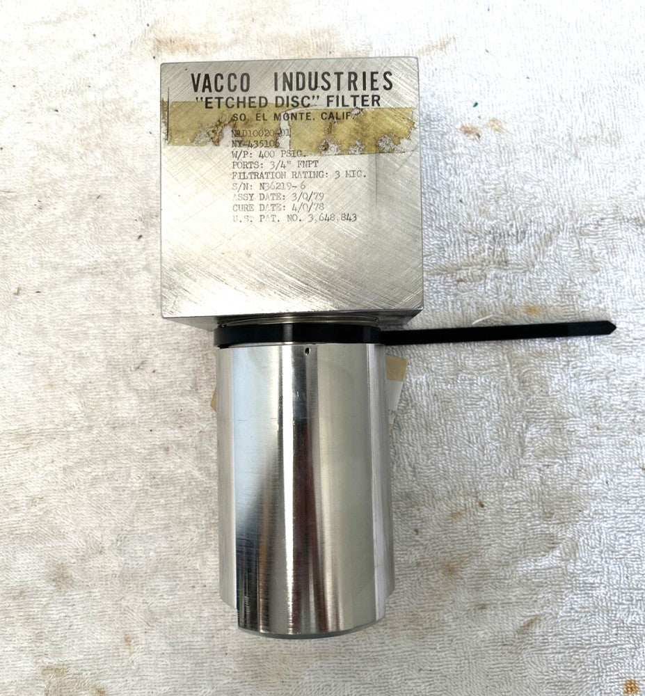 Vacco Industries Etched Disc Filter N1D10020-01; 3/4" ports; 400 psi, 3mic.