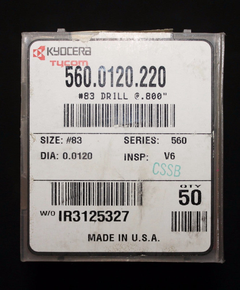 KYOCERA TYCOM 560.0120.220 #83 Drill @.800" 0.0120 Dia IR3125327 560 0120 220