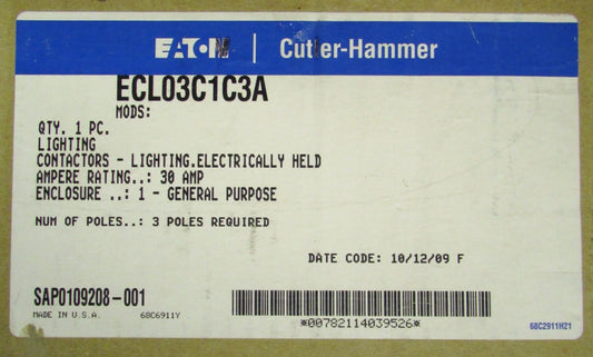 EATON CUTLER HAMMER Lighting Contactor Nema 1 Enclosure 3 Pole 30 Amp ECL03C1C3A