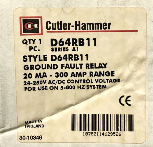 EATON CUTLER HAMMER D64RB11 Ground Fault Relay Module 20 MA 300 AMP 24-250 VAC