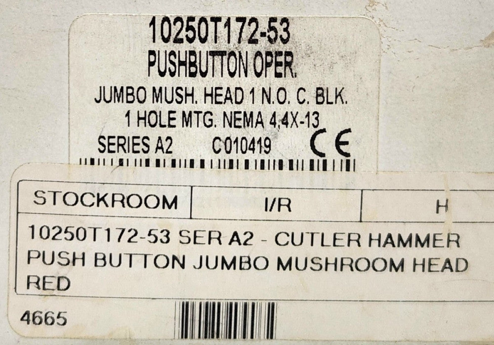 EATON CUTLER HAMMER 10250T172 53 Jumbo Red Mushroom Head Pushbutton Momentary