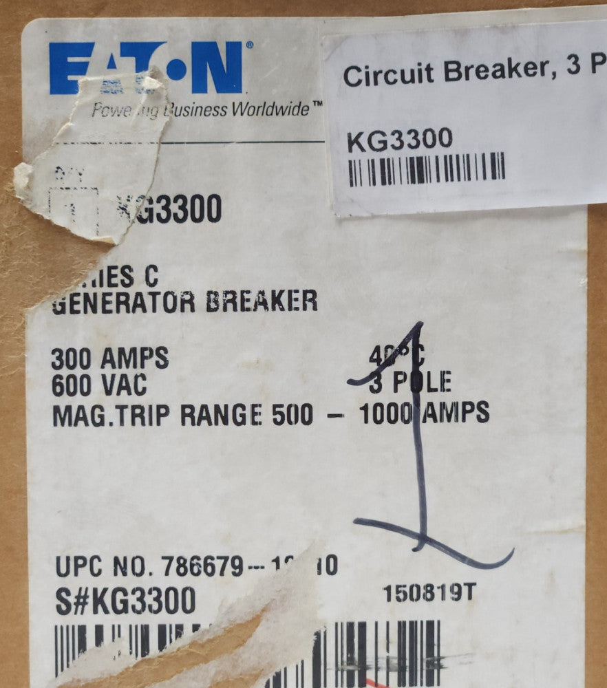 EATON CUTLER HAMMER KG3300 3 Pole 300 AMP Type KG Generator Circuit Breaker