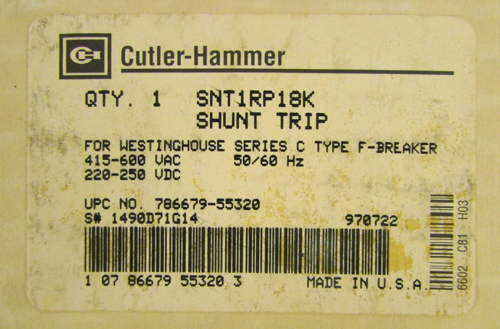 CUTLER HAMMER SNT1RP18K F Frame Shunt Trip 415-600 VAC 220-250 VDC 1490D71G14