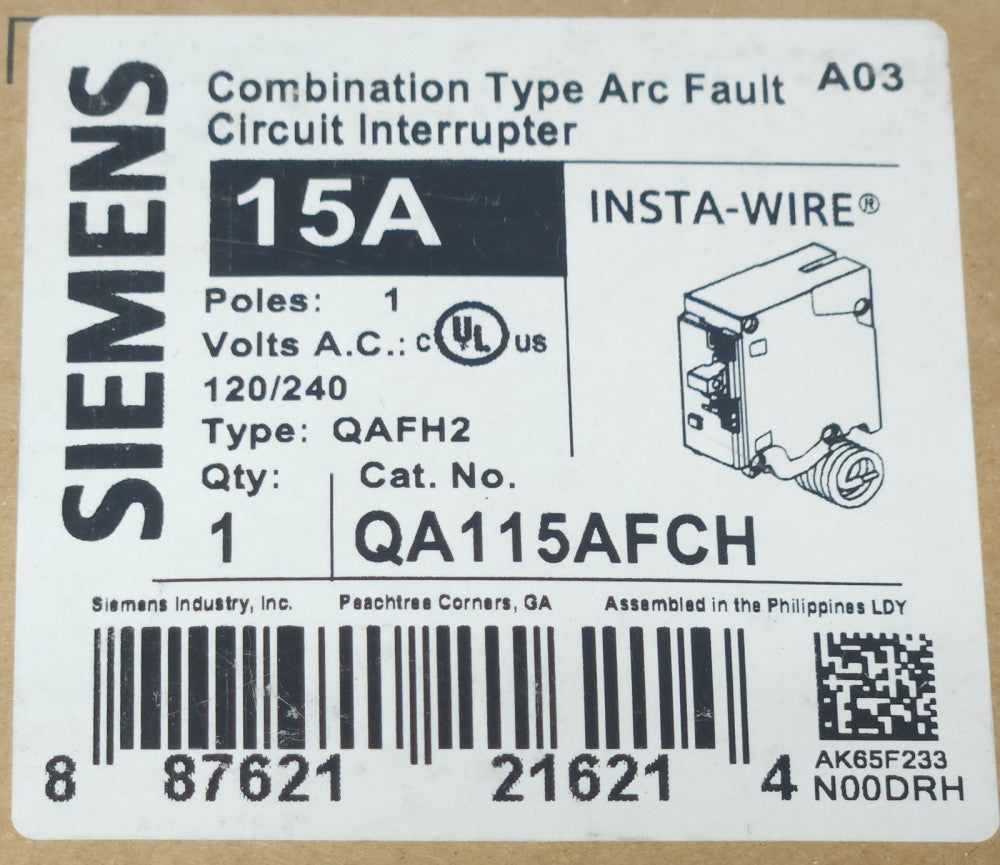 SIEMENS QA115AFCH Single Pole 15 AMP Type QAFH2 Combination ARC Fault Circuit
