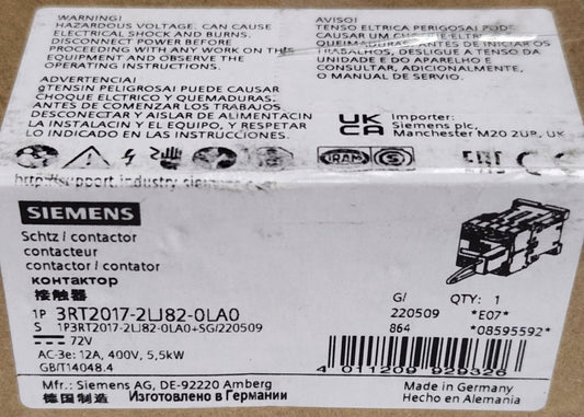 SIEMENS 3RT2017 2LJ82 0LA0 SIRIUS SCHTZ Contactor 400 VAC 5.5KW