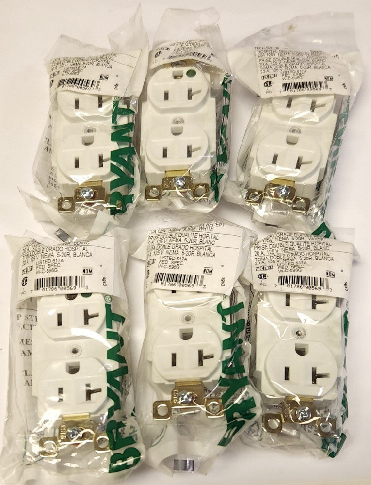 LOT OF 6 BRYANT BRY 8300W Tech-Spec Hospital Grade Duplex Receptacle 20 AMP 125