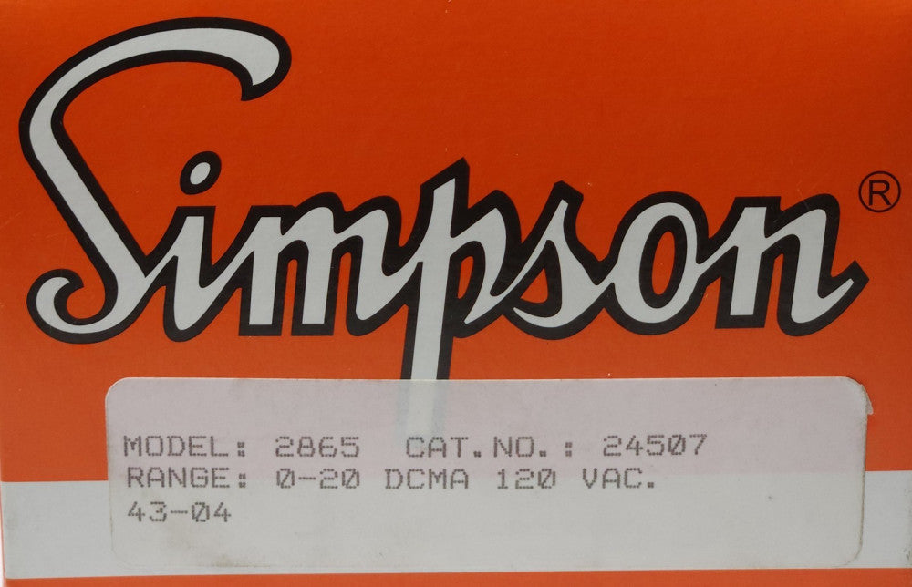 SIMPSON MODEL 2865 24507 DC Milliamps 0-20 DCMA 120 VAC Panel Meter DIGITAL