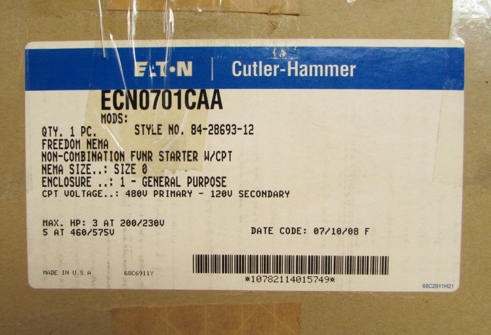 EATON CUTLER HAMMER Size 0 Starter 480V 110/120V Control Nema 1 Encl ECN0701XCAA